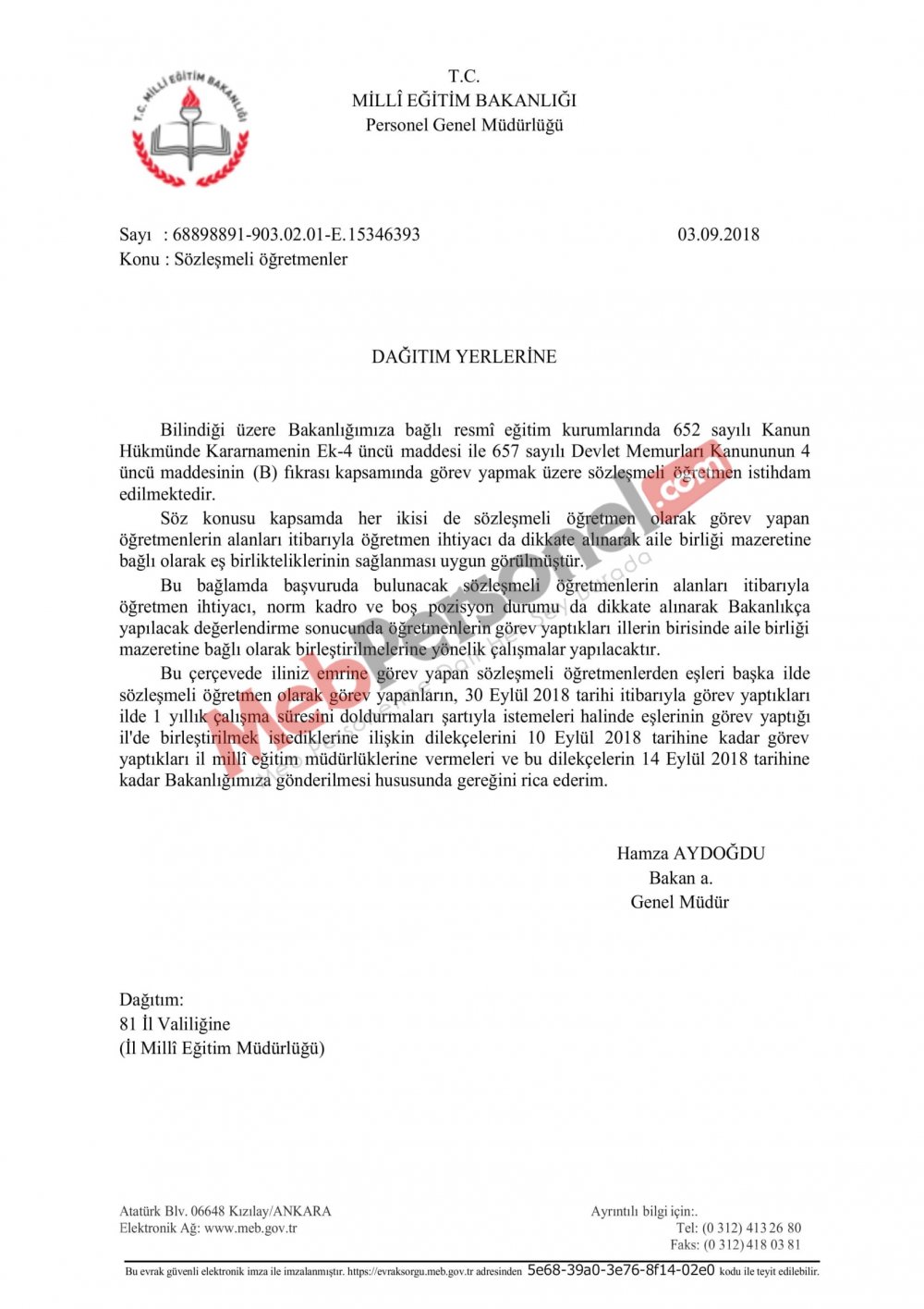 Sözleşmeli Öğretmenlerin Eş Durumu Atamaları Hakkında MEB'den Resmi Yazı