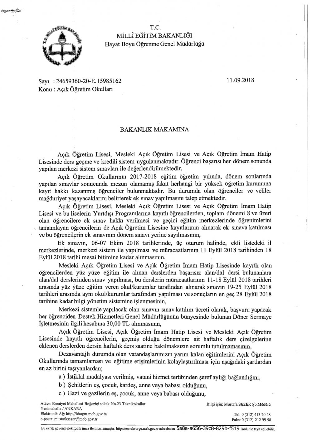 MEB'den ''Açık Öğretim Okulları İş ve İşlemleri'' Yazısı
