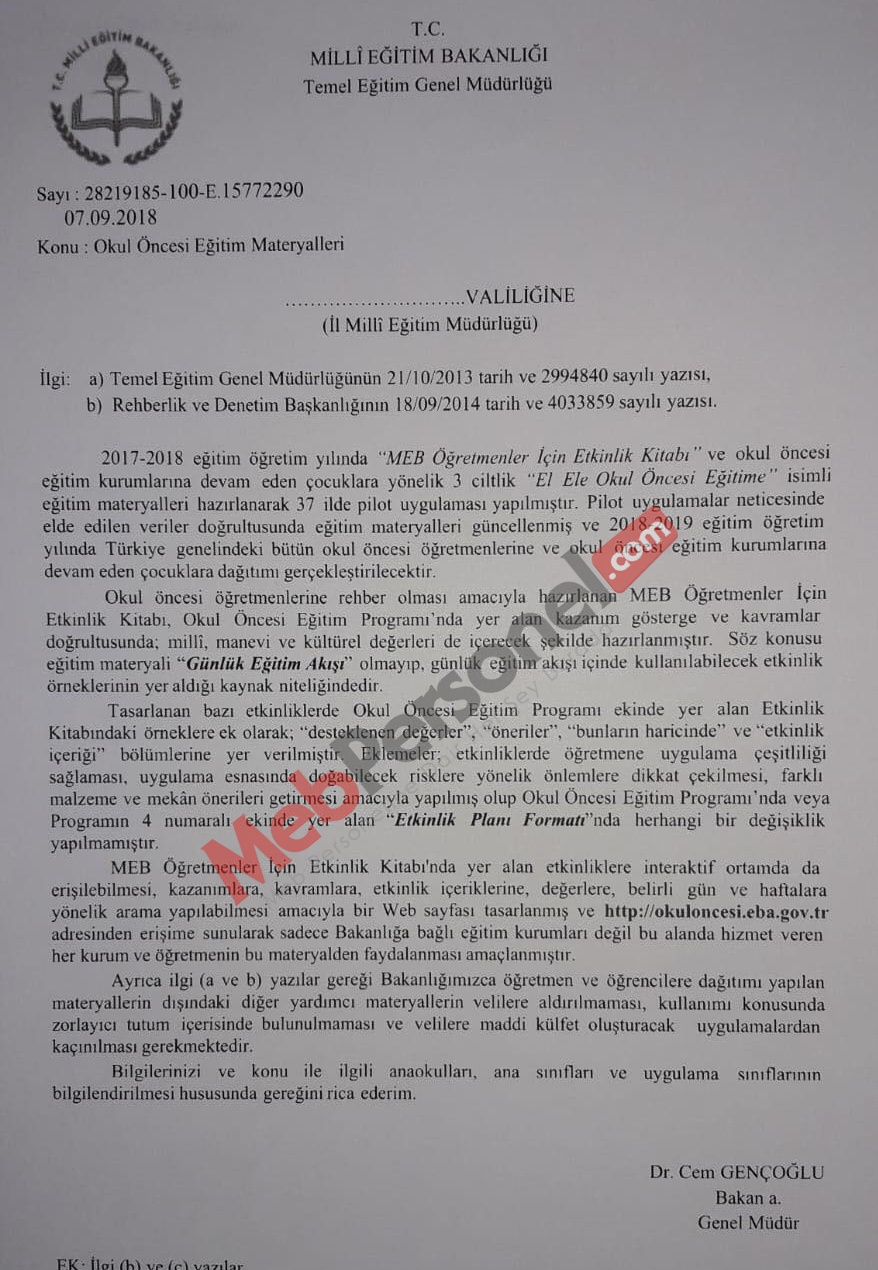 MEB'den ''Okul Öncesi Eğitim Materyalleri'' Yazısı