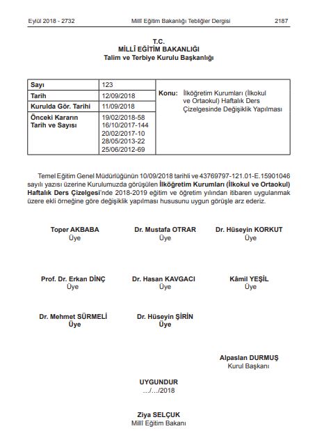 İlkokul ve Ortaokul Haftalık Ders Çizelgelerinde Değişiklik Yapıldı
