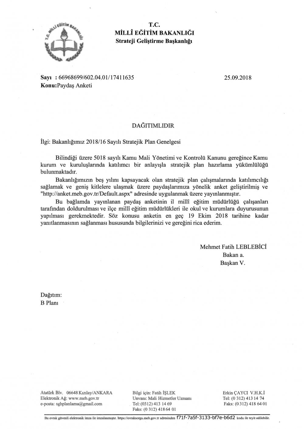 MEB'den ''Paydaş Anketi'' Yazısı