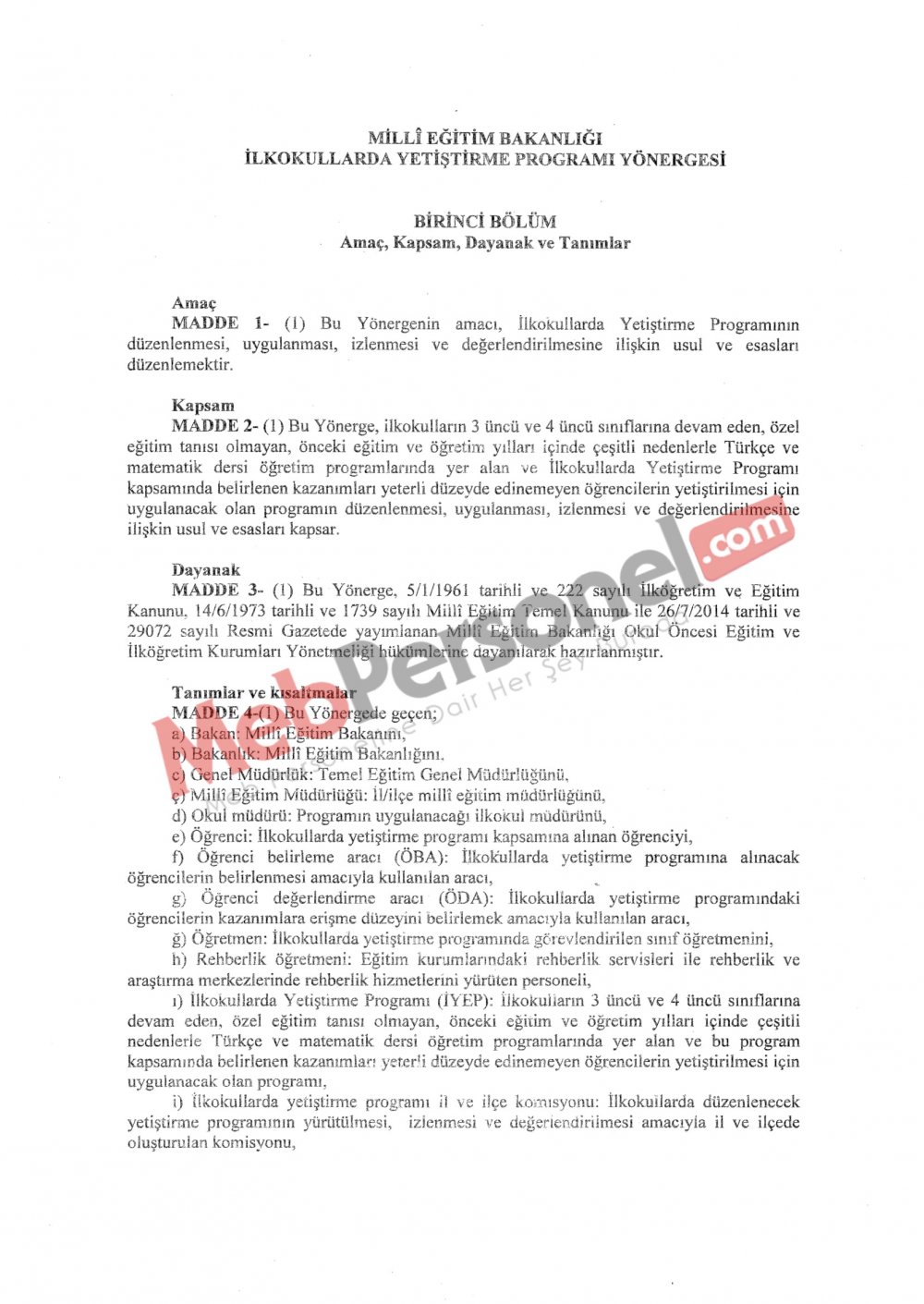 İlkokullarda Yetiştirme Programına İlişkin Yönerge
