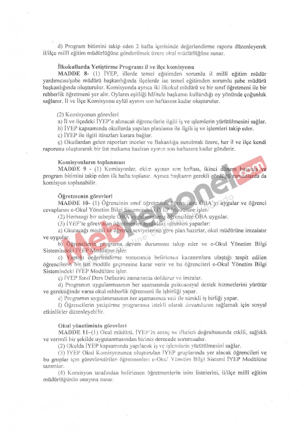 İlkokullarda Yetiştirme Programına İlişkin Yönerge