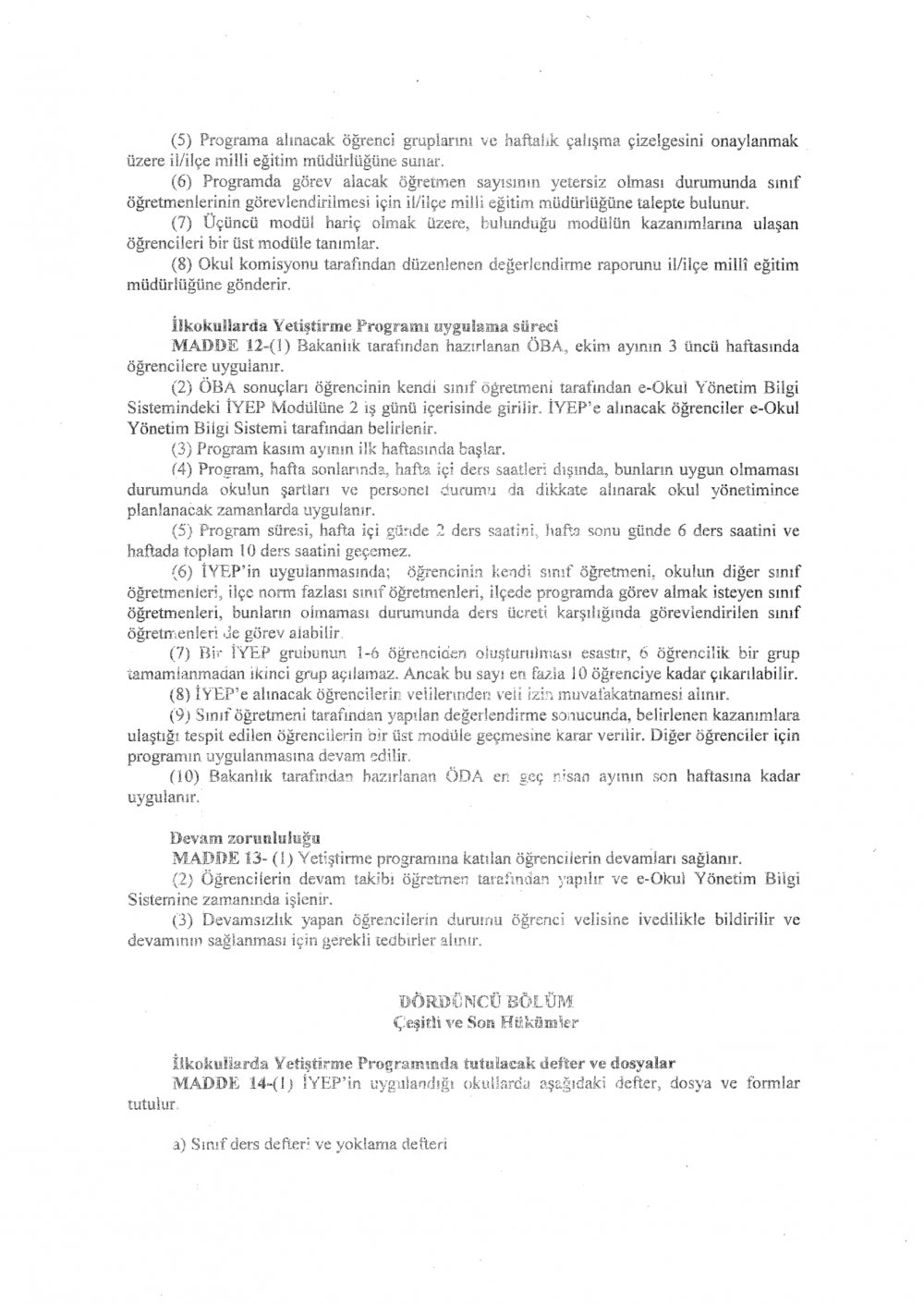 İlkokullarda Yetiştirme Programına İlişkin Yönerge