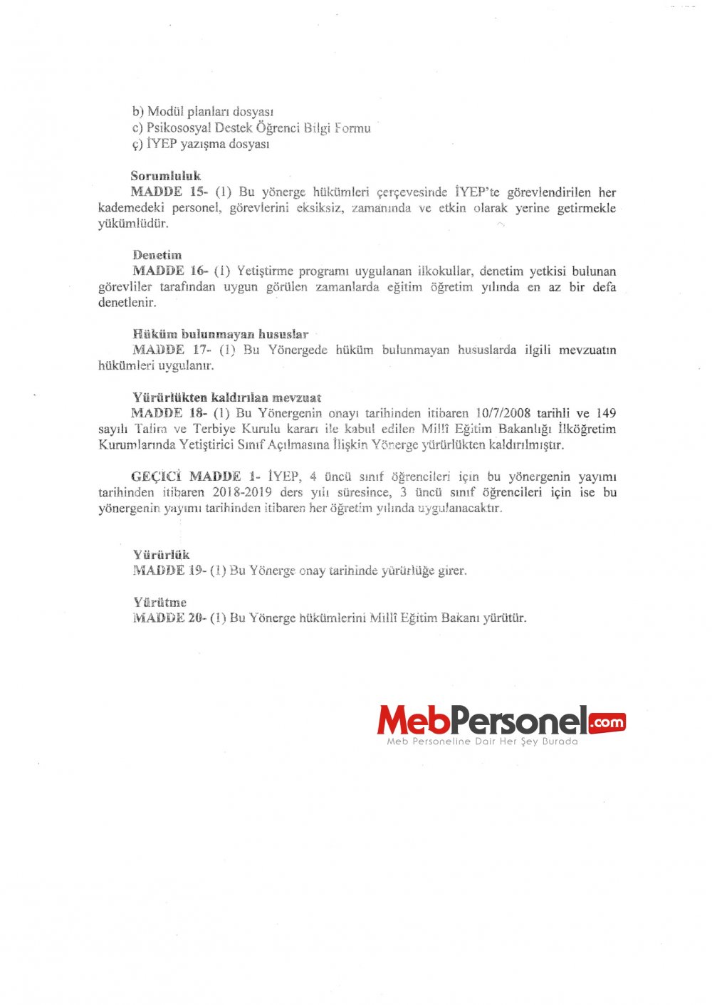 İlkokullarda Yetiştirme Programına İlişkin Yönerge