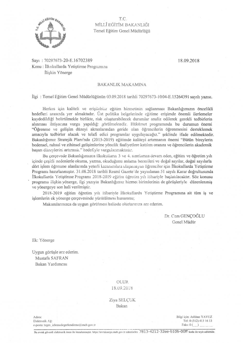 İlkokullarda Yetiştirme Programına İlişkin Yönerge