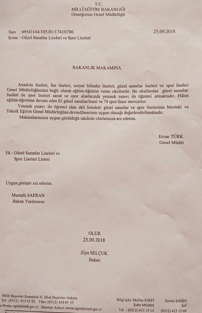 Güzel Sanatlar ve Spor Liseleri Mesleki ve Teknik Eğitim Genel Müdürlüğüne Bağlandı