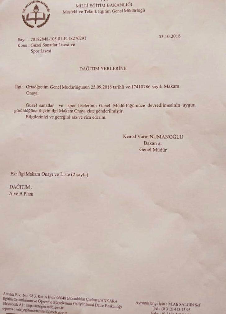 Güzel Sanatlar ve Spor Liseleri Mesleki ve Teknik Eğitim Genel Müdürlüğüne Bağlandı