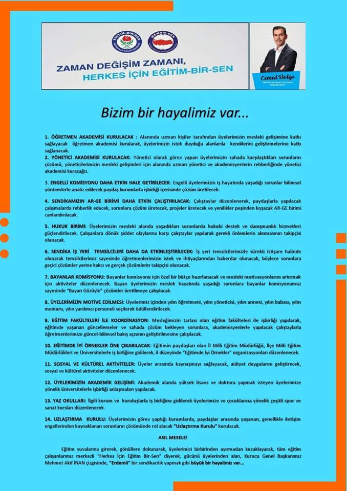 Eğitim-Bir-Sen Kayseri 1 Nolu Şube Başkan Adayı Cemal Bolgi’ye sahada teveccüh var