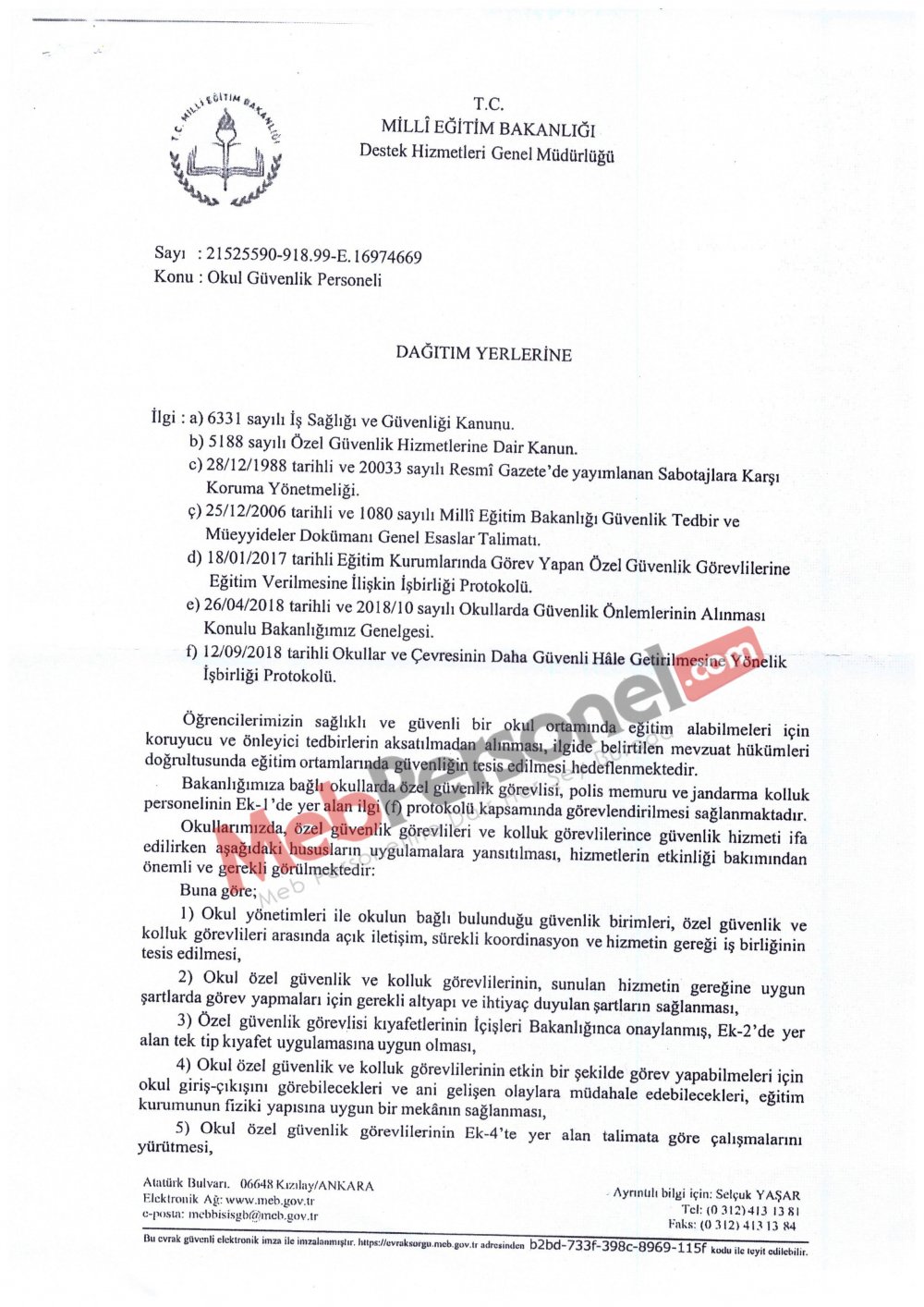 MEB'den ''Okul Güvenlik Personeli'' Yazısı