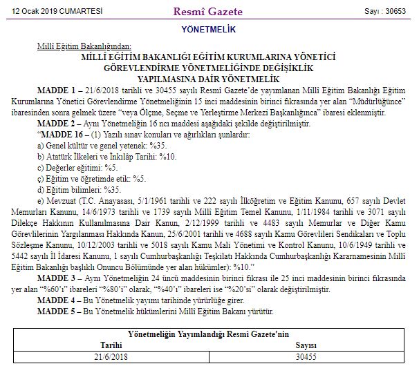 MEB Yönetici Görevlendirme Yönetmeliğinde Değişiklik Yapıldı