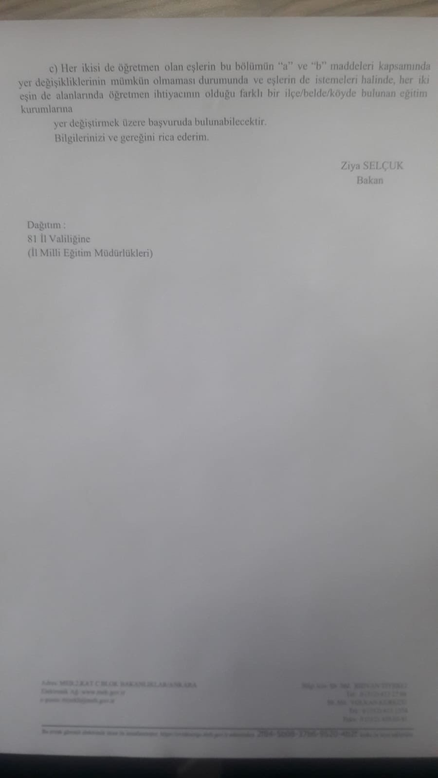 MEB İl İçi Yer Değiştirme Mağdurları İçin İllere Resmi Yazı Gönderildi.