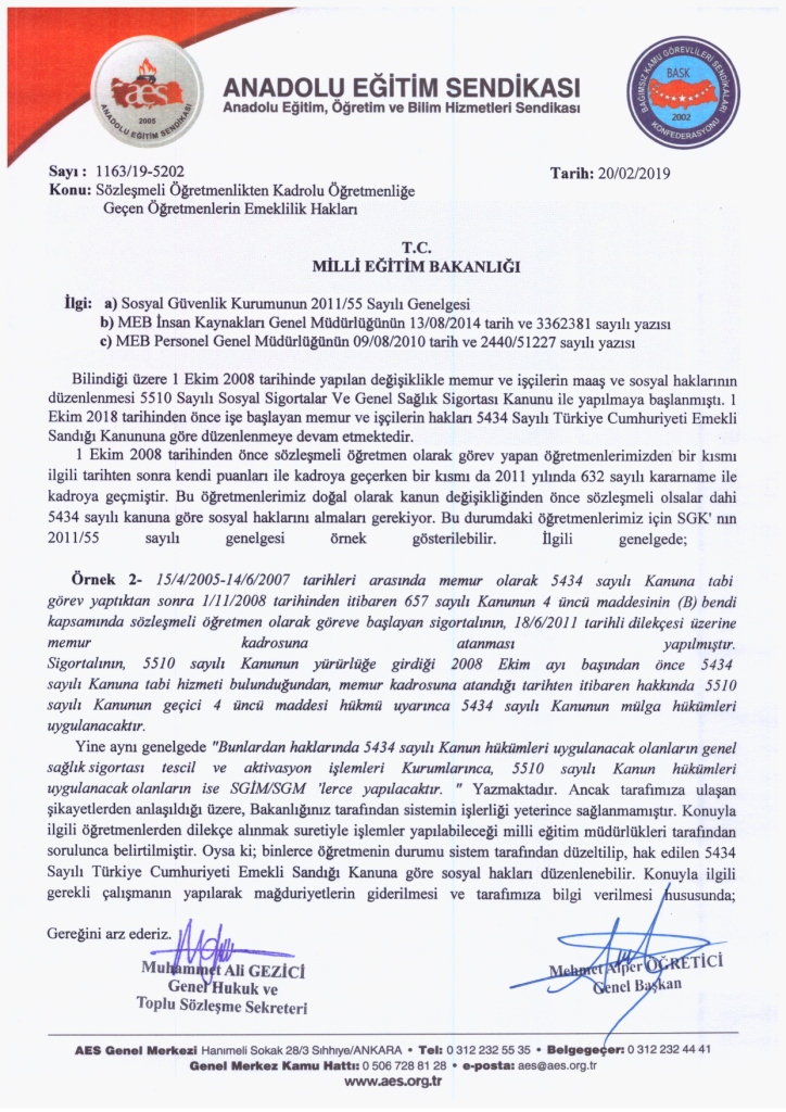 Sözleşmeli Öğretmenlik Yapanlar 5434 Sayılı Kanuna Göre Değerlendirilmelidir