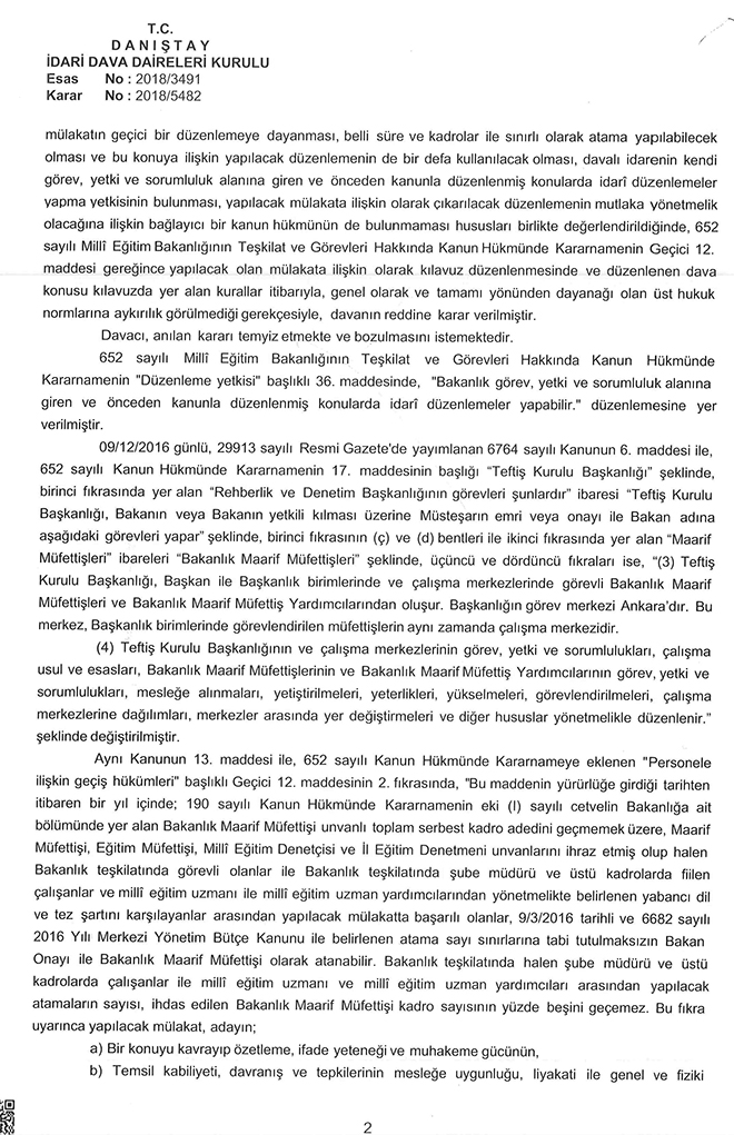 Danıştay'dan Maarif Müfettişliği mülakatları için karar
