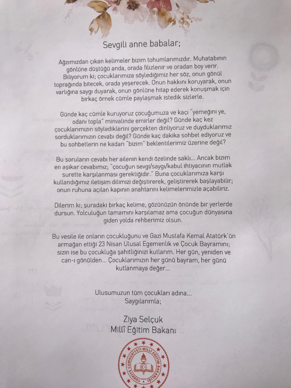 Bakan Ziya Selçuk Velilere Mektup Yazdı