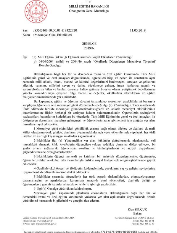 Milli Eğitim Bakanlığı (MEB) tüm 81 ilde tüm okullara genelge gönderdi