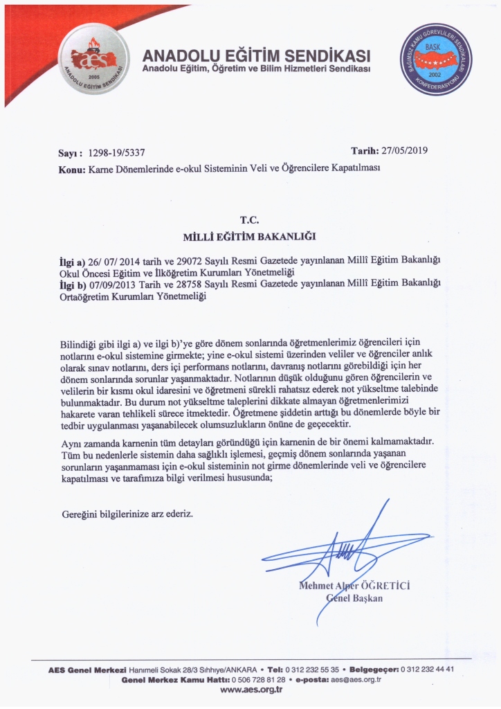 Karne Dönemlerinde e-okul Sistemi Veli ve Öğrencilere Kapatılmalıdır