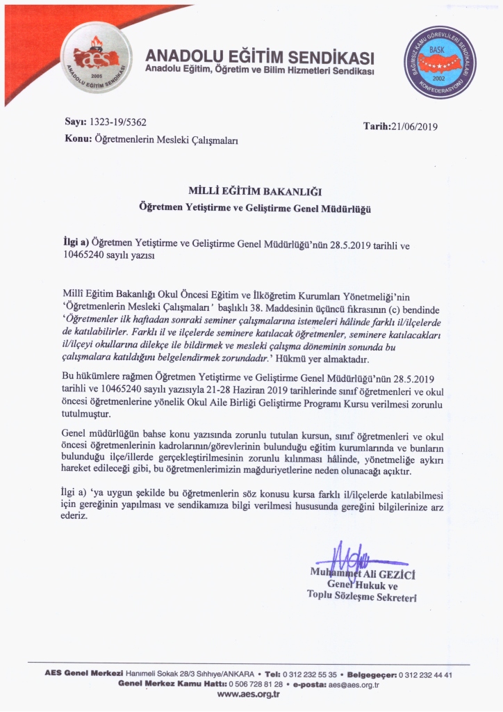 SEMİNERİN İKİNCİ HAFTASINDAKİ RESEN GÖREVLENDİRMELER İÇİN BAKANLIĞA BAŞVURDUK