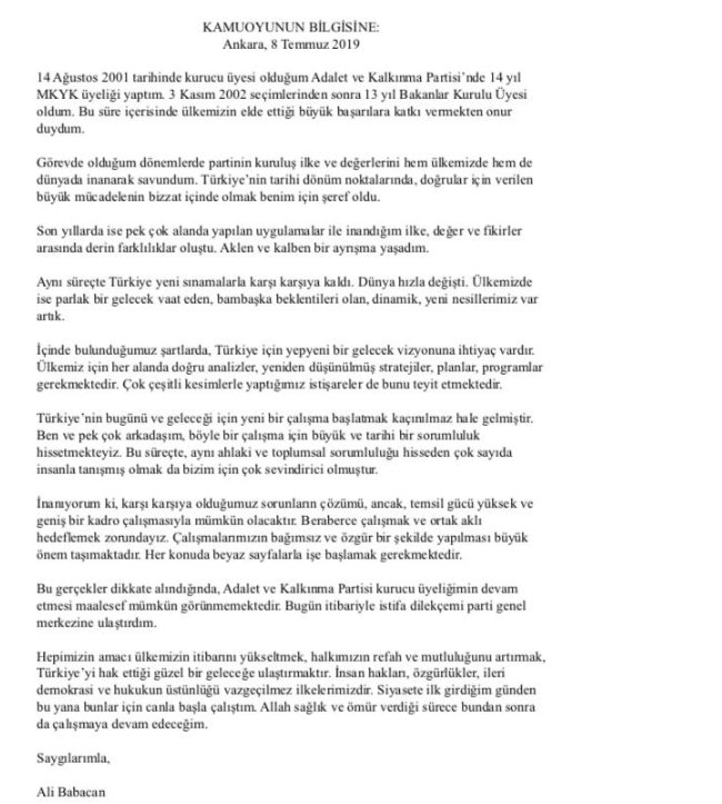 Ak Parti Kurucularından Ali Babacan İstifa Etti