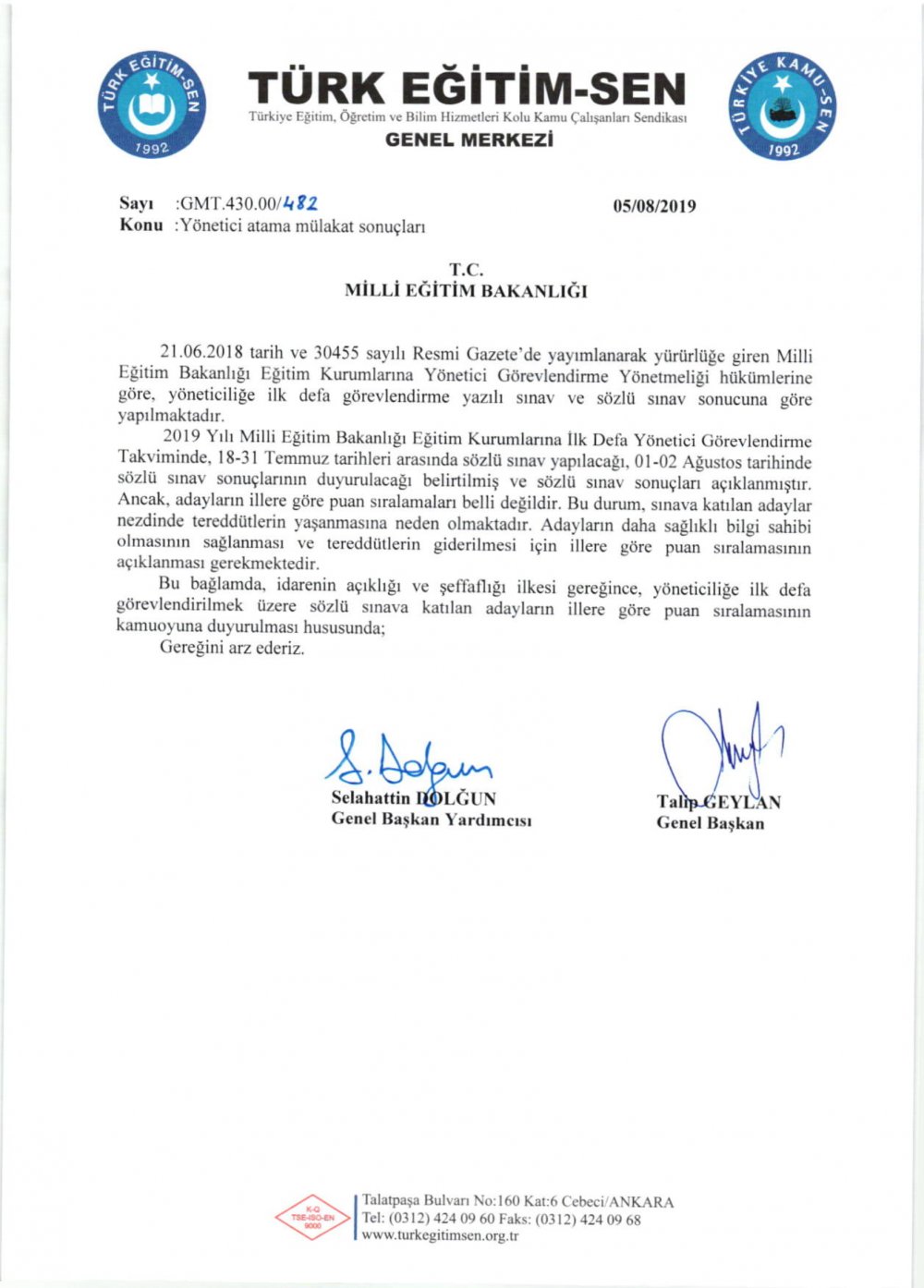 Yönetici Atamalarında Mülakat Puanlarına Göre Sıralamalar Açıklanmalıdır