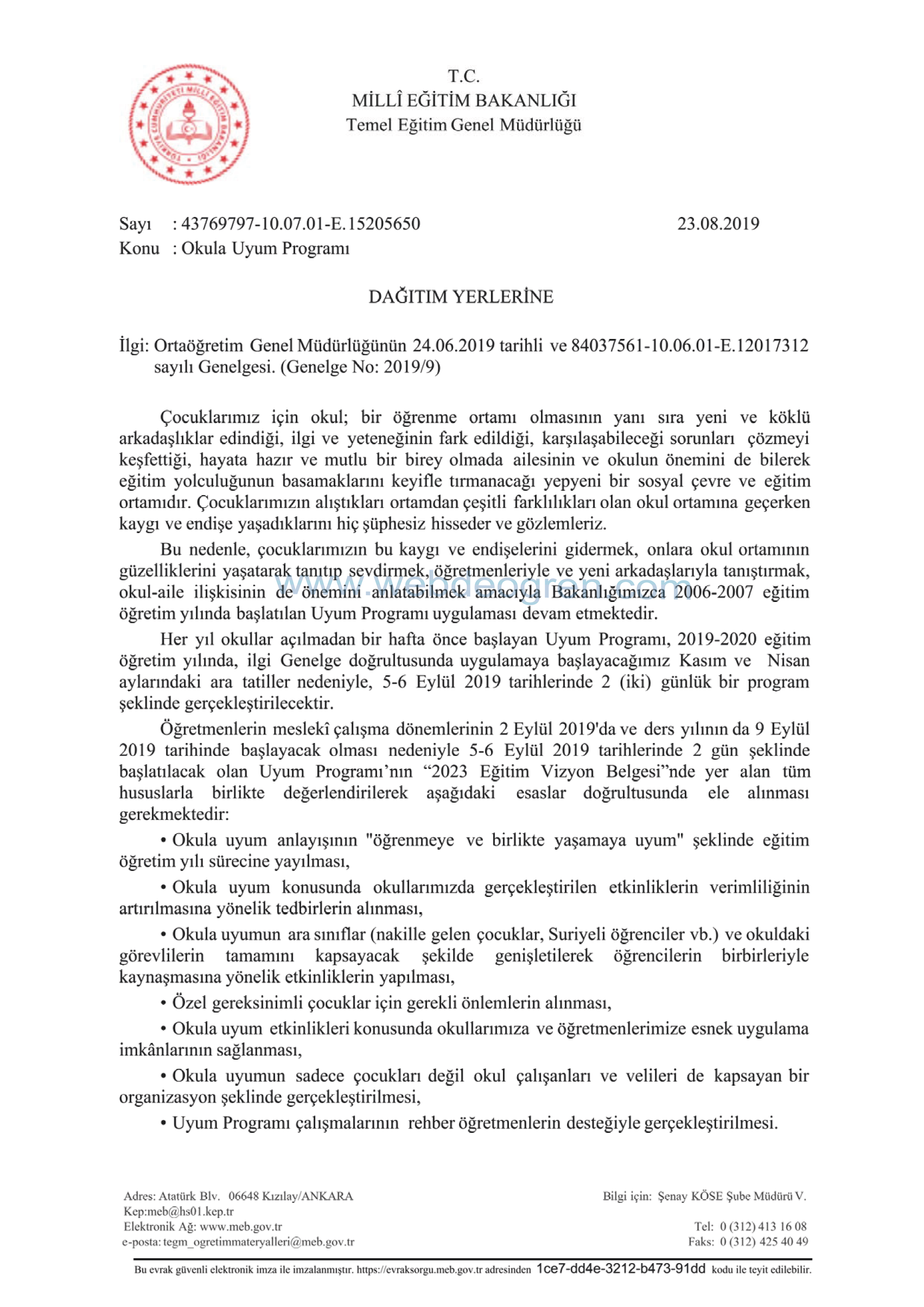 2019 Okula Uyum Eğitimi Programı Yayınlandı..