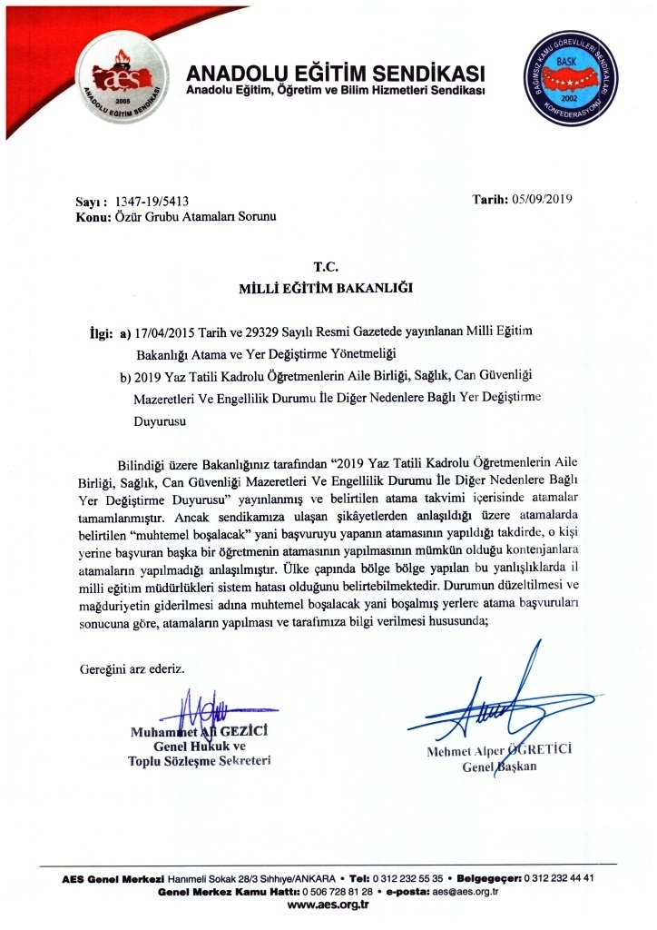 AES: ÖZÜR GRUBU ATAMALARINDAKİ SORUN İÇİN MEB’E BAŞVURDUK