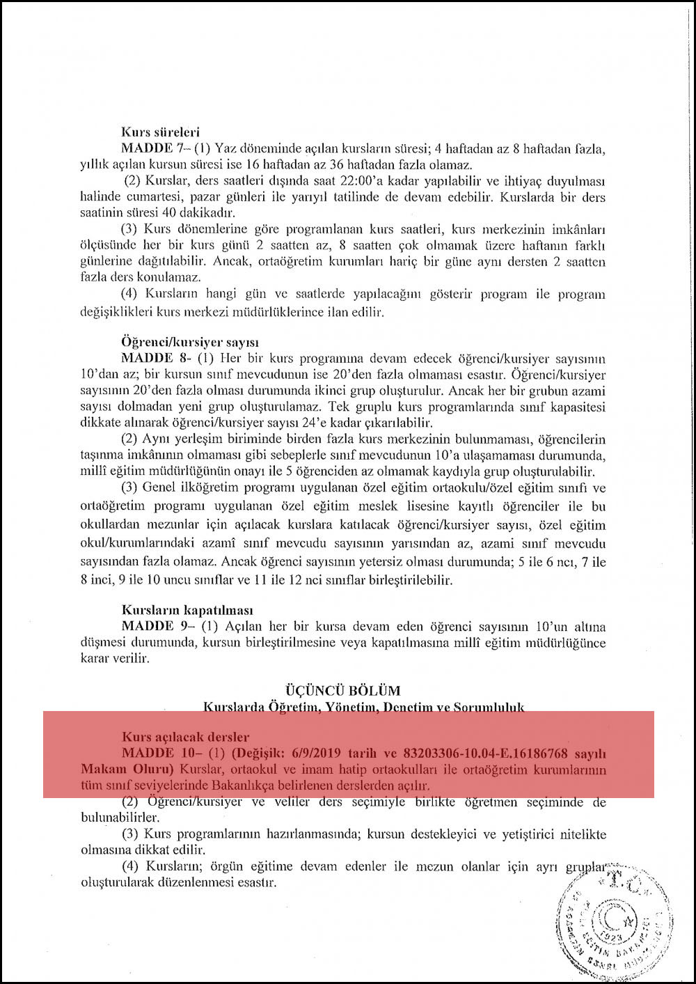 MEB, Destekleme ve Yetiştirme Kursları Yönergesini değiştirdi