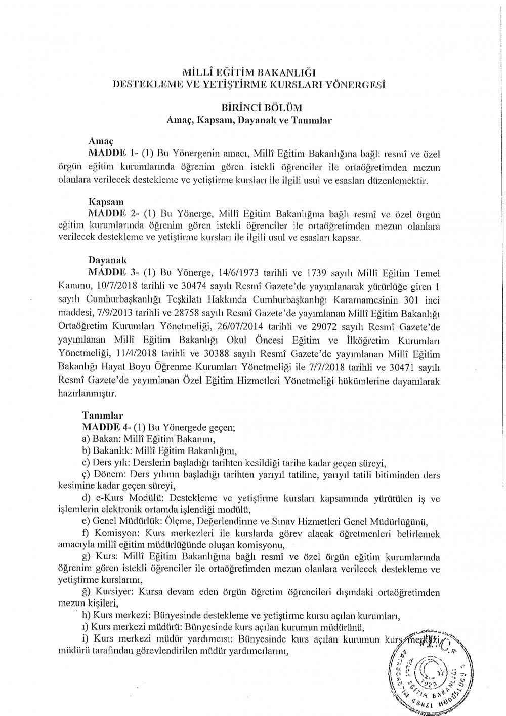 MEB, Destekleme ve Yetiştirme Kursları Yönergesini değiştirdi