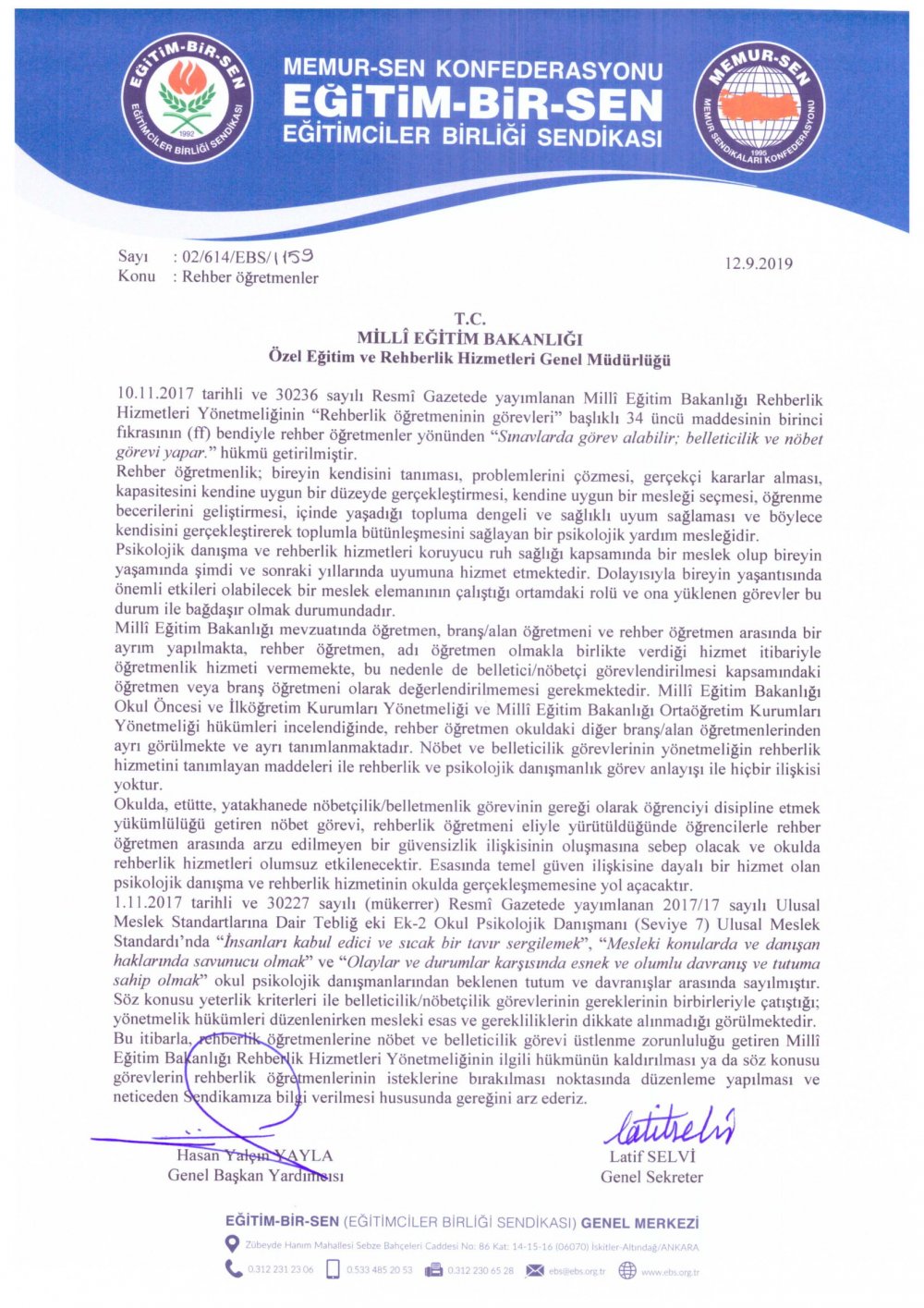 Eğitim Bir Sen : Rehber Öğretmenler Nöbet Görevi İle Yükümlü Tutulmamalıdır
