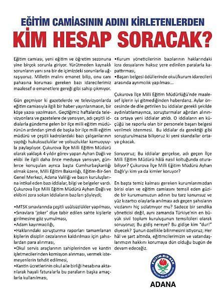 Adana Eğitim Bir Sen Şubesinden İlçe Müdürü Hakkında Şok İddialar!