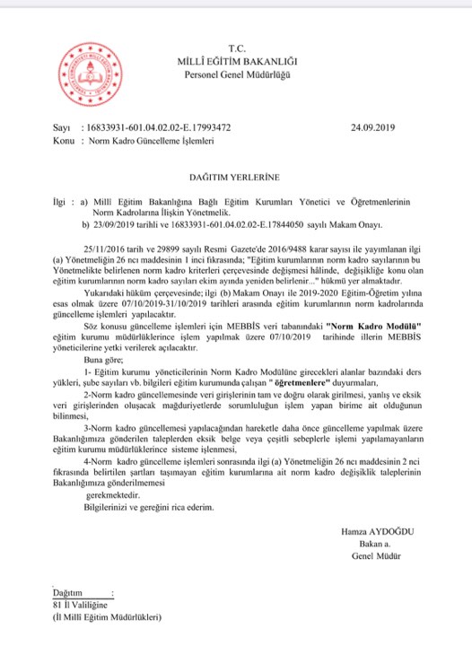 MEB 2019 Yılı Norm Kadro Güncelleme Takvimi Yayınlandı