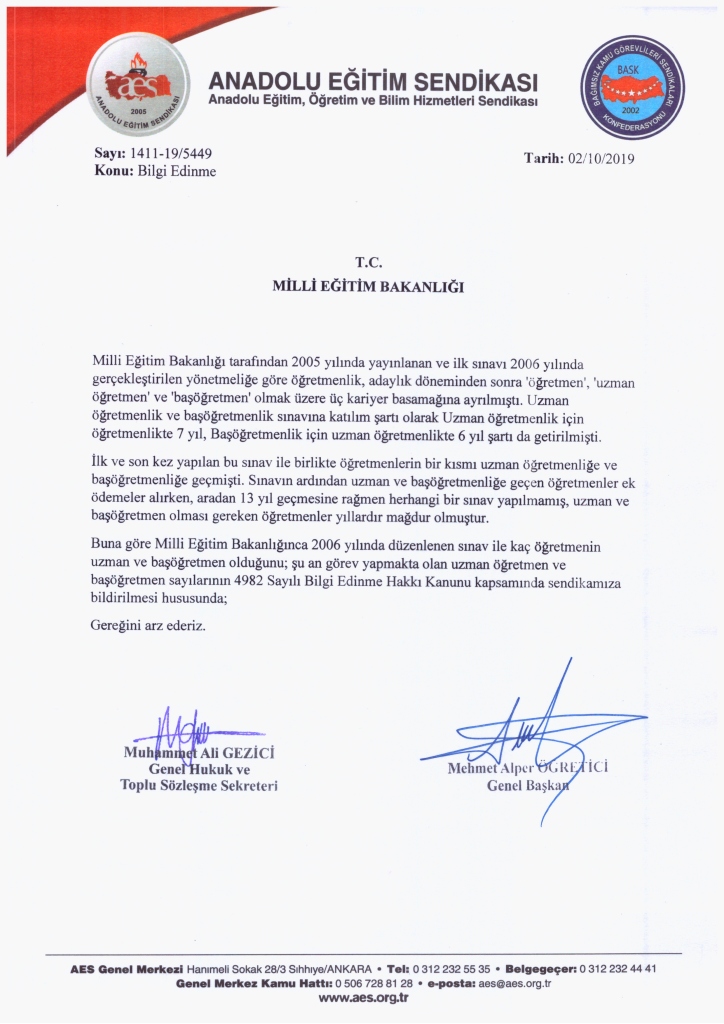 AES, UZMAN VE BAŞÖĞRETMENLİK İLE İLGİLİ MEB’E BİLGİ EDİNME BAŞVURUSUNDA BULUNDU
