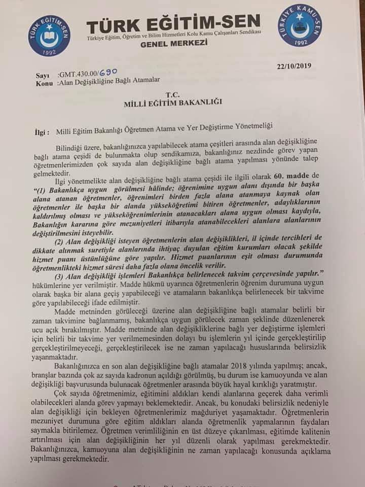 Türk Eğitim Sen'den Alan Değişikliği Düzenli Olarak Her Yıl Yapılsın Talebi