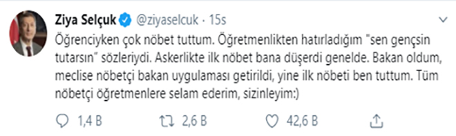Nöbetçi öğretmenden, nöbetçi Bakana selam olsun!