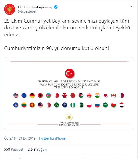 Cumhuriyet Bayramı'nı kutlayan ülkelere 'teşekkür'
