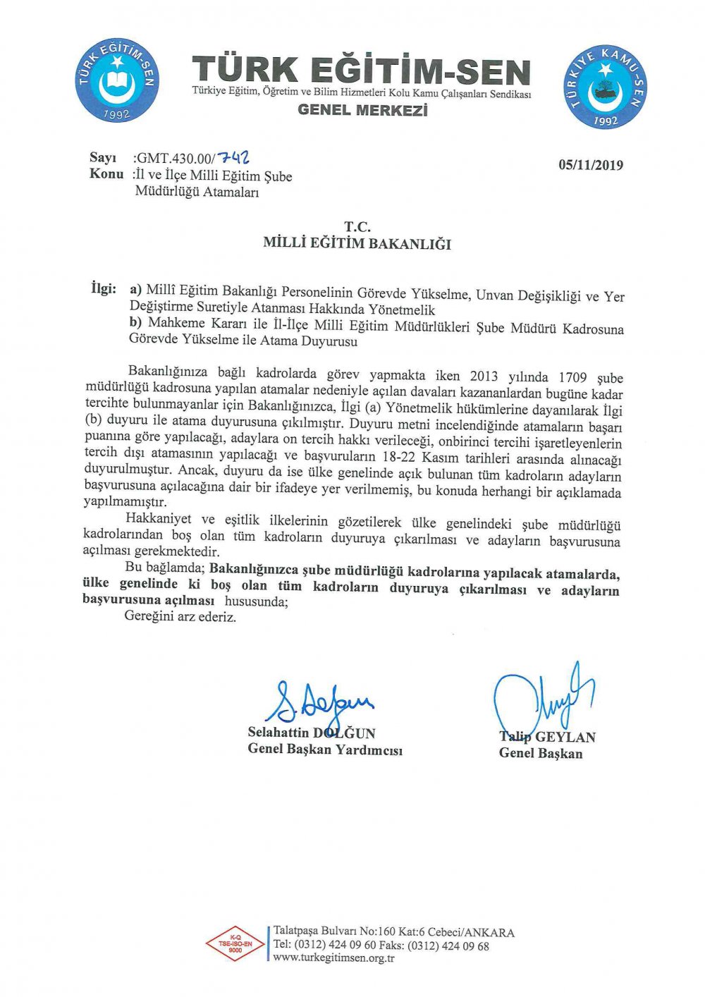 Türk Eğitim-Sen: Şube müdürlüğü atamalarında tüm kadrolar duyuruya çıkarılmalıdır