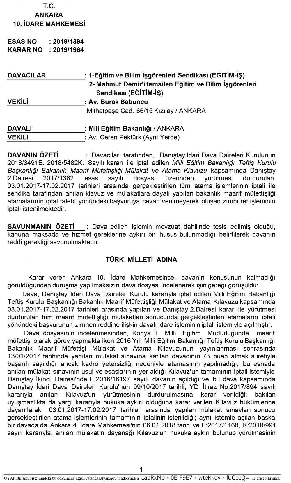 MEB BAKANLIK MAARİF MÜFETTİŞLERİ ATAMALARINA İPTAL KARARI