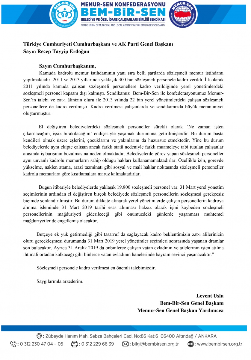 Sözleşmeli Personele Kadro Talebi Cumhurbaşkanına İletildi