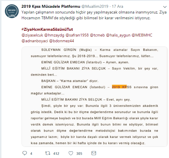 "Karma (2018-2019 KPSS) Sözleşmeli Öğretmen Ataması, Adaletsizcedir" (2019 KPSSli Adaylar)