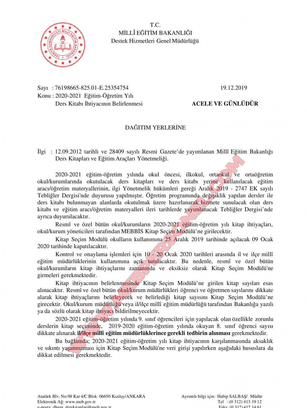 MEB'den 2020 2021 Eğitim Öğretim Yılı Ders Kitabı İhtiyacının Belirlenmesi Yazısı