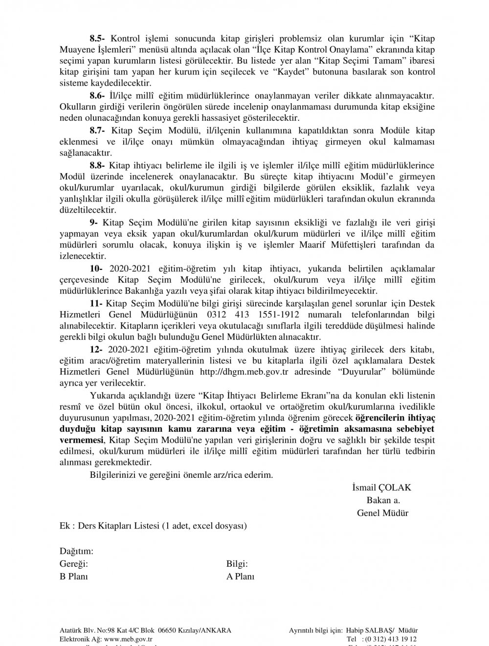 MEB'den 2020 2021 Eğitim Öğretim Yılı Ders Kitabı İhtiyacının Belirlenmesi Yazısı