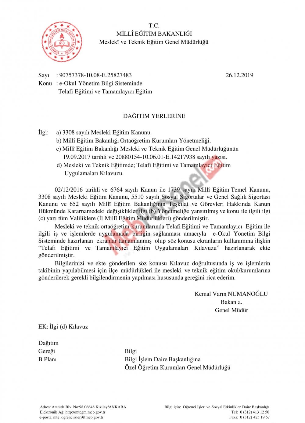 MEB'den Telafi ve Tamamlayıcı Eğitim Yazısı