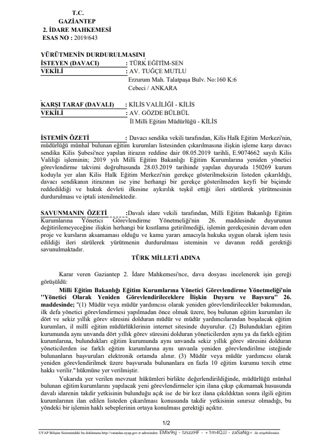 KİLİS HALK EĞİTİM MERKEZİ MÜDÜRLÜK KADROSUNUN MÜNHAL MÜDÜRLÜK LİSTESİNDEN ÇIKARILMASINA YARGI ‘‘DUR!’’ DEDİ .