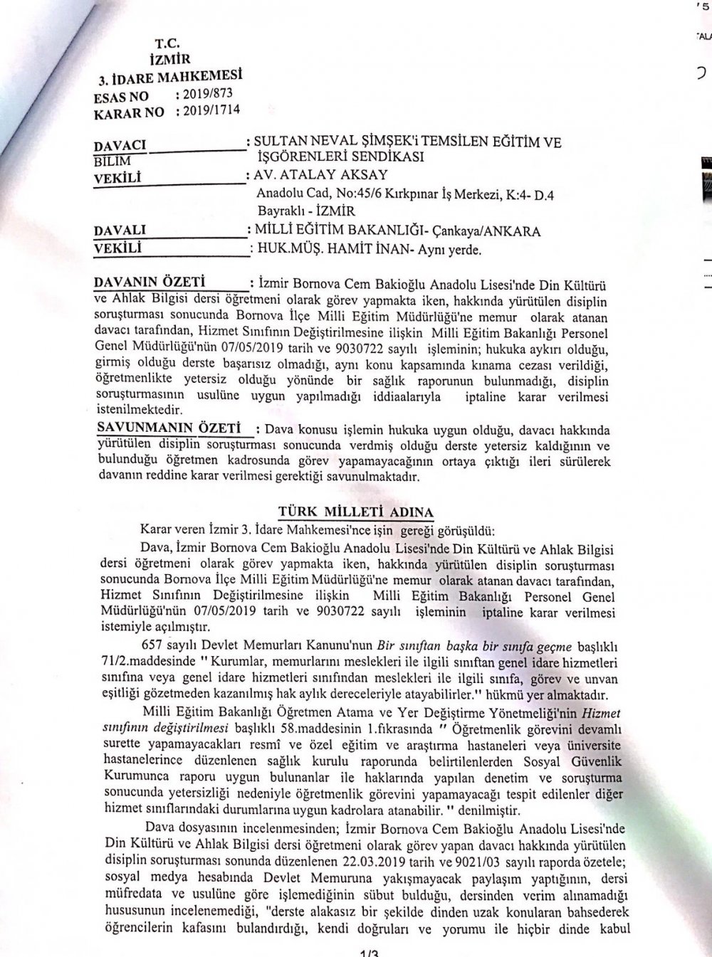 EĞİTİM-İŞ: ÖĞRETMENLİĞİ ELİNDEN ALINAN ÜYEMİZİN DAVASINI KAZANDIK