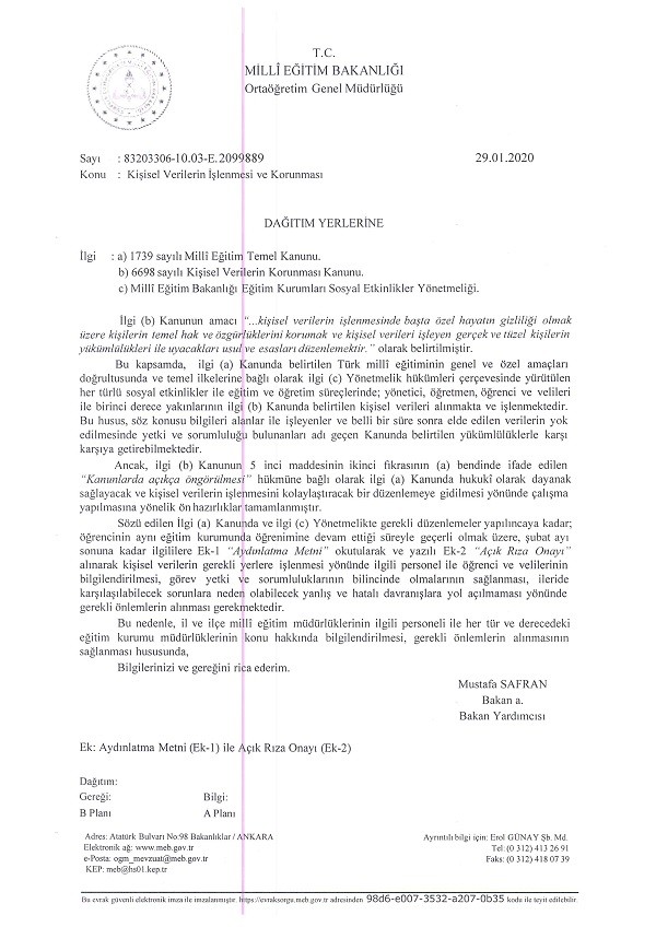 MEB'den ''Kişisel Verilerin İşlenmesi ve Korunması'' Yazısı