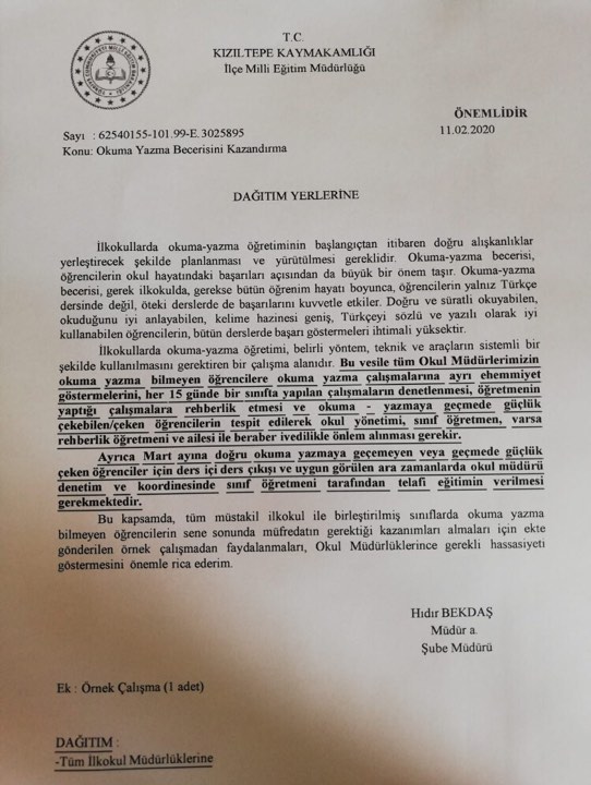 İlçe MEM'den 1. Sınıf Öğrencileri İçin Resmi Yazı