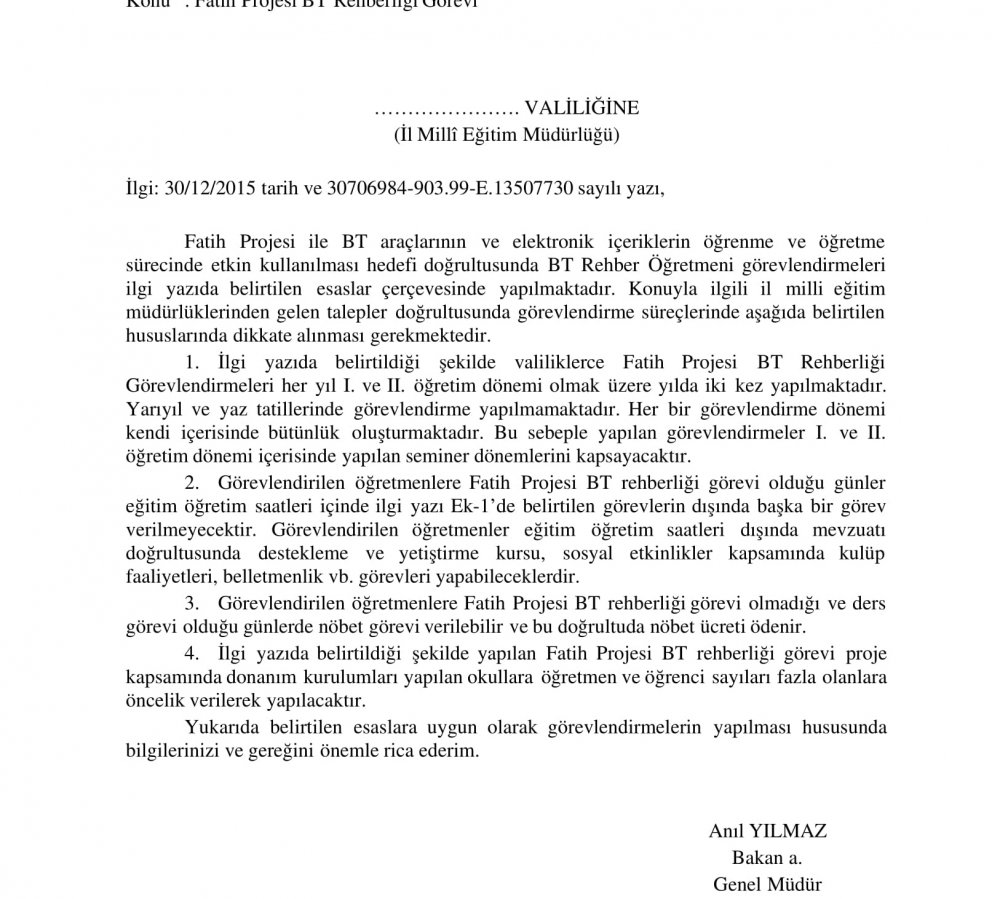MEB'den O Öğretmenler İçin DYK ve Nöbet Görevi Yazısı