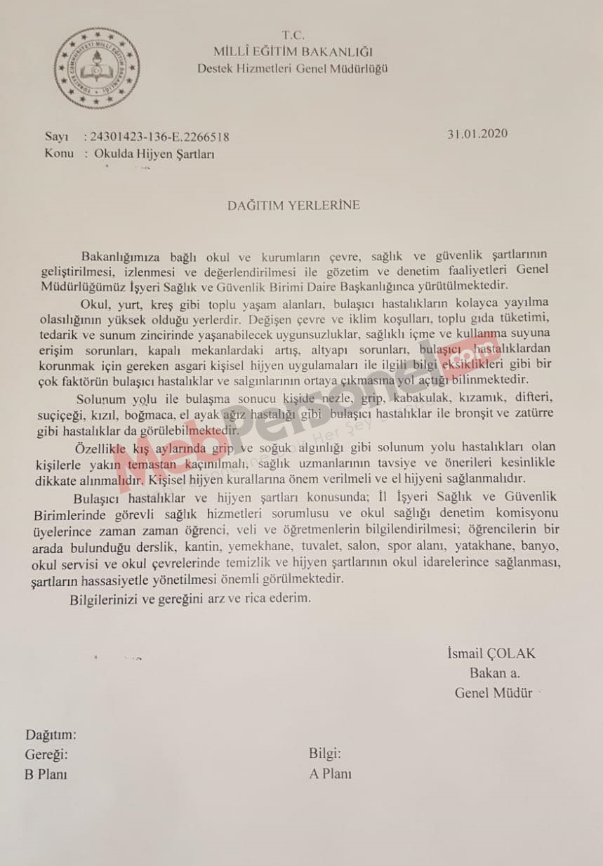 MEB'den ''Okulda Hijyen Şartları'' Yazısı