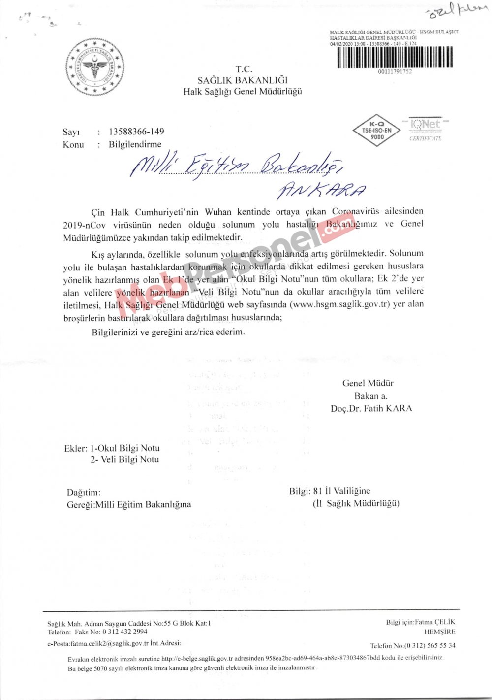 MEB'den Coronavirüs ve Bulaşıcı Hastalıklar İle İlgili Resmi Yazı (Okullar İçin Bilgilendirme Notu)