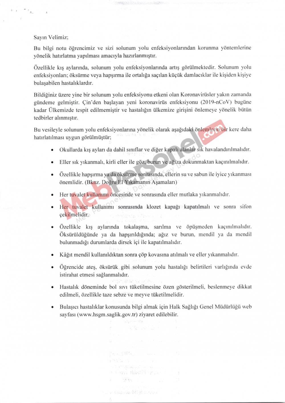 MEB'den Coronavirüs ve Bulaşıcı Hastalıklar İle İlgili Resmi Yazı (Okullar İçin Bilgilendirme Notu)